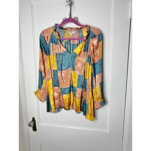 Anthropologie Current Air Blouse Womens MED Blue Gold Boho Chic Patchwork Flowy